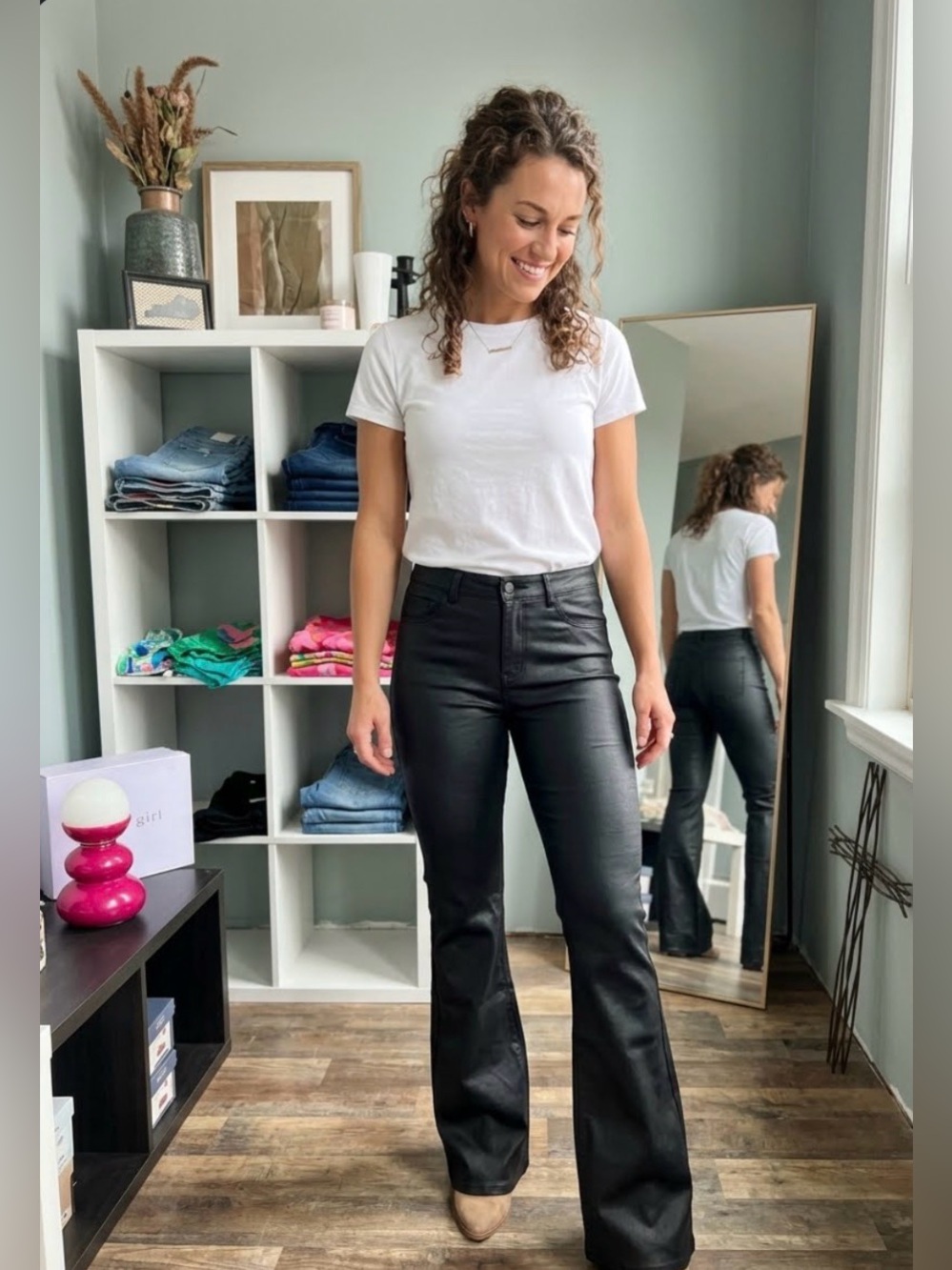 Black Faux Leather High-Waist Flare Pants 15’ waist 32’ Length